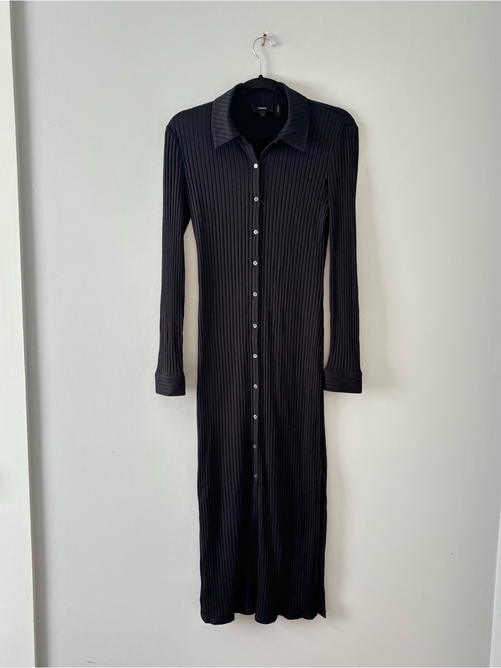 Theory Ribbed Knit Button Down Midi Dress Long Sleeve Stretch Collar Black